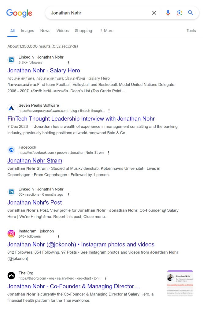 Jonathan Nøhr Google results